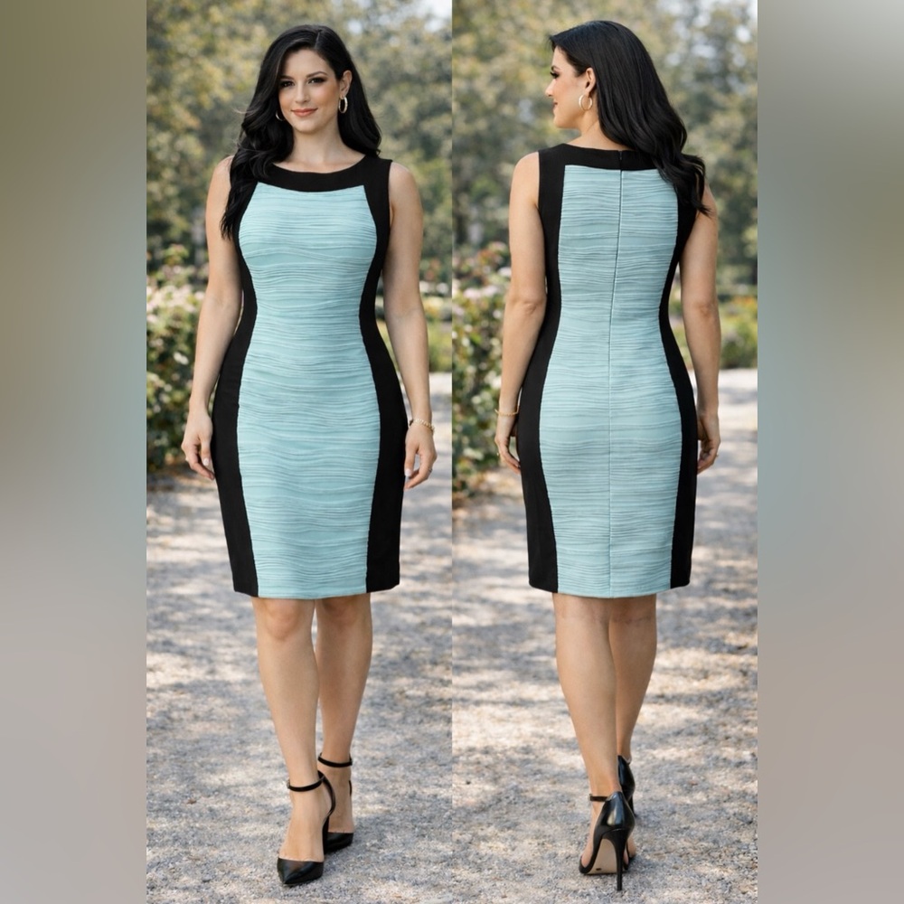 Calvin Klein Sheath Dress 10 Black Blue Panel Career Church Stretch Summer NEW